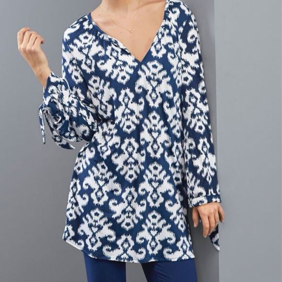 Mud Pie Tops - Mud Pie Kingsley Knit Printed Tunic in Navy Ikat